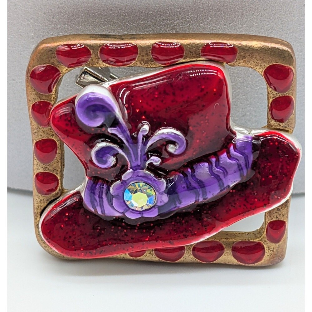 VTG AJMC Red Hat Lady Enamel Rhinestone Brooch Pin